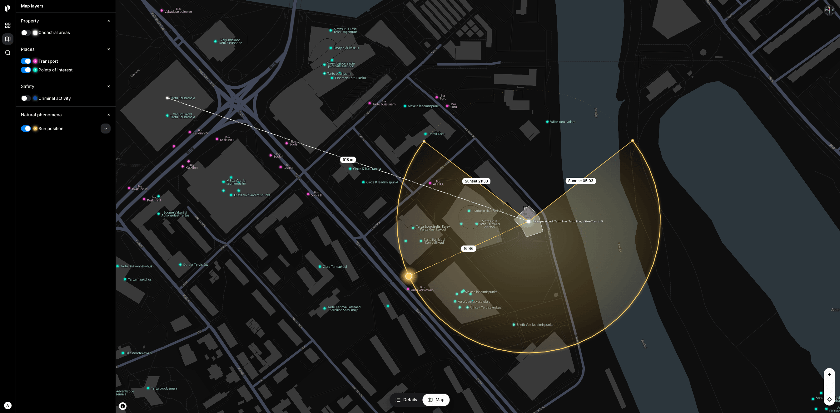 3D interactive map showing cadastral areas, transport, points of interest, and sun position