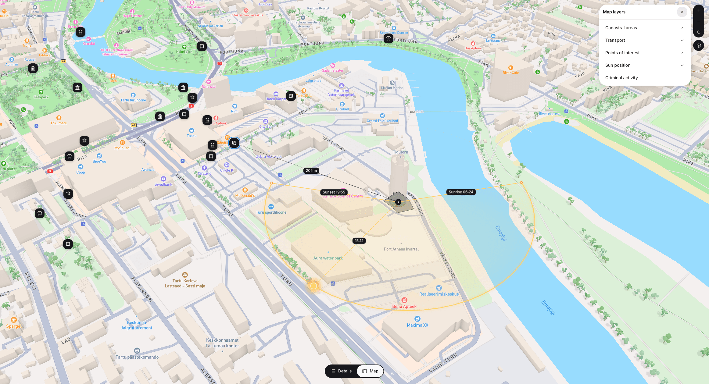 3D interactive map showing cadastral areas, transport, points of interest, and sun position